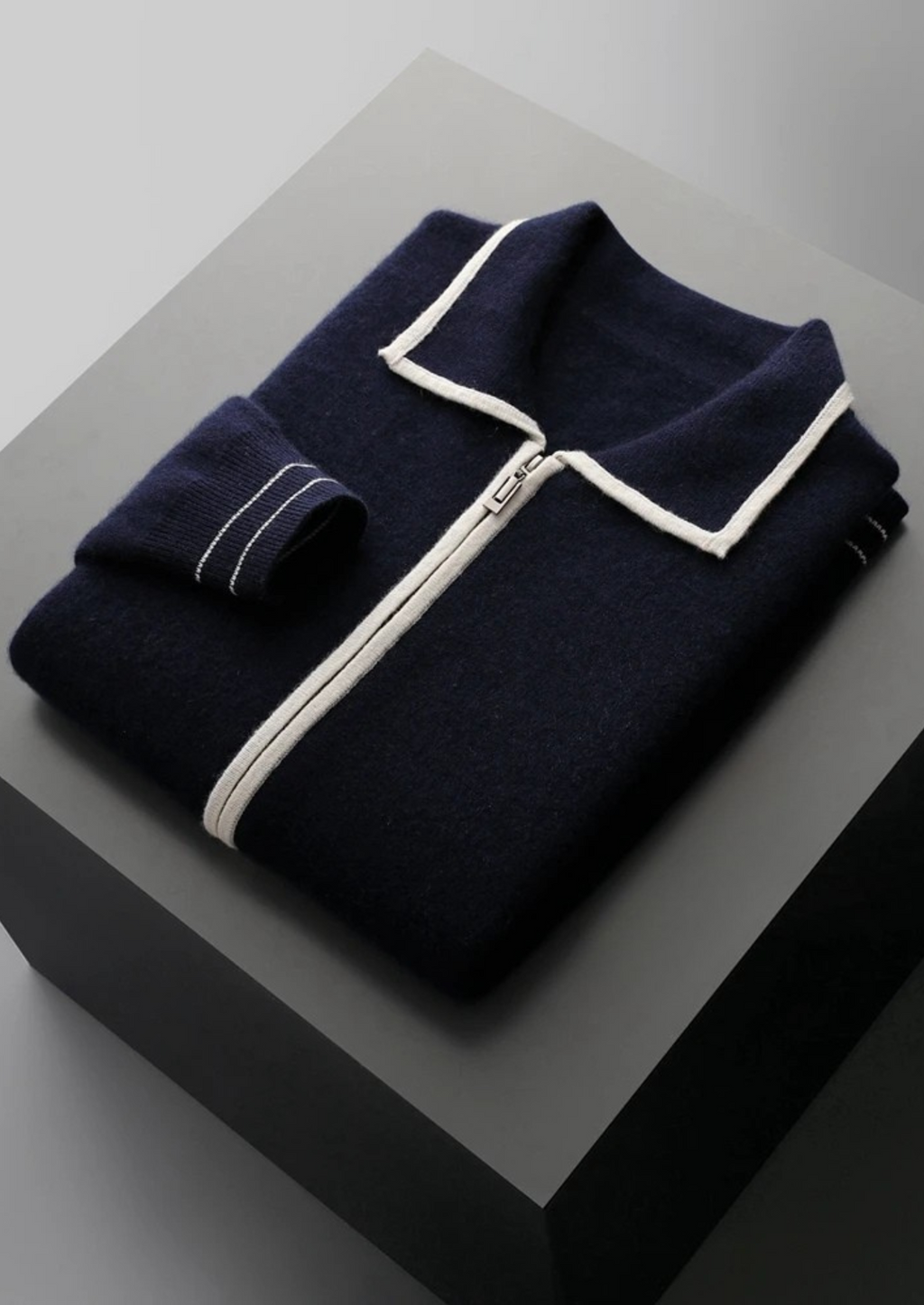 PURE EXTRA-FINE MERINO WOOL TWO-TONE POLO CARDIGAN