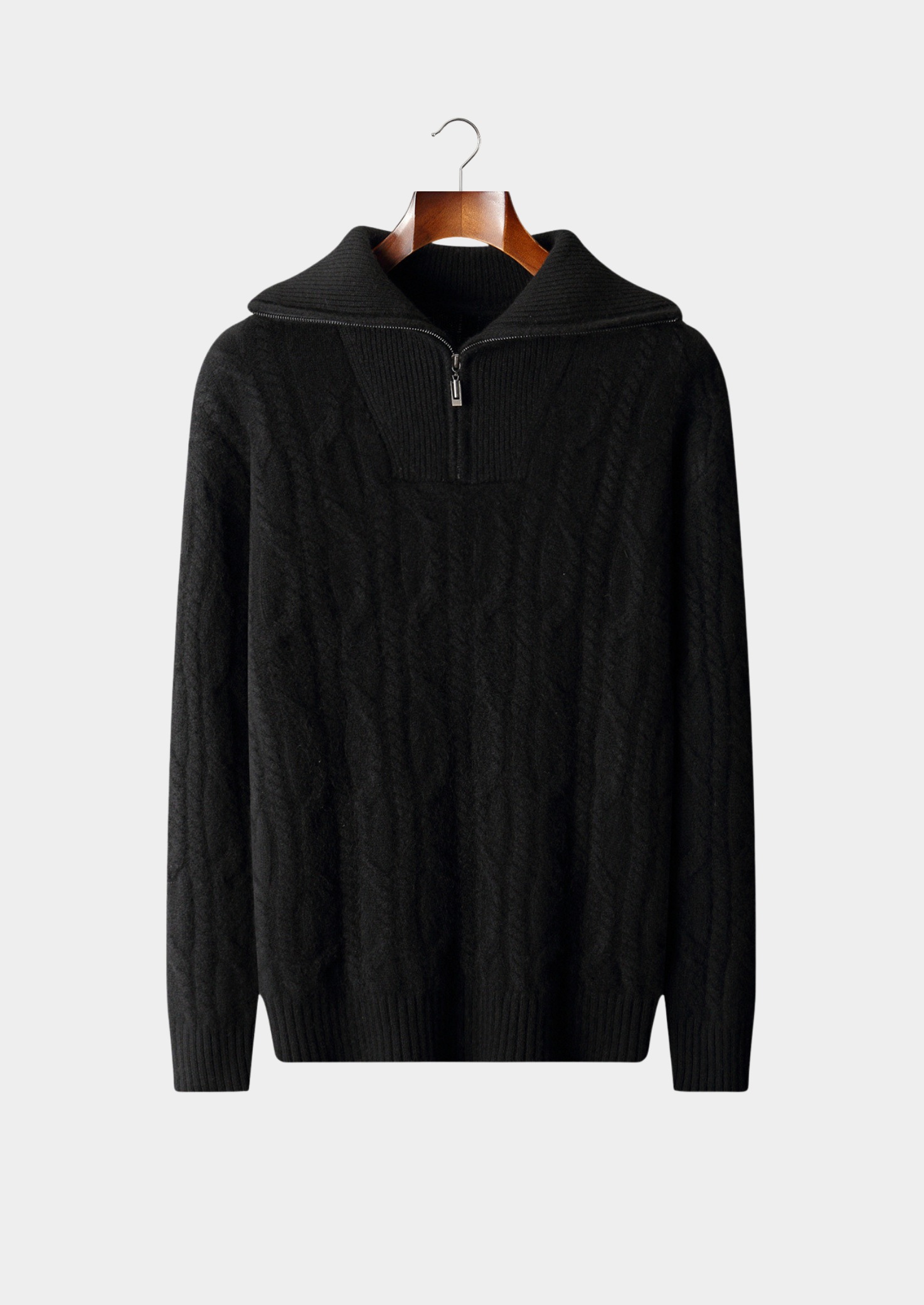 PURE CASHMERE BLACK CABLE HALF ZIP SWEATER