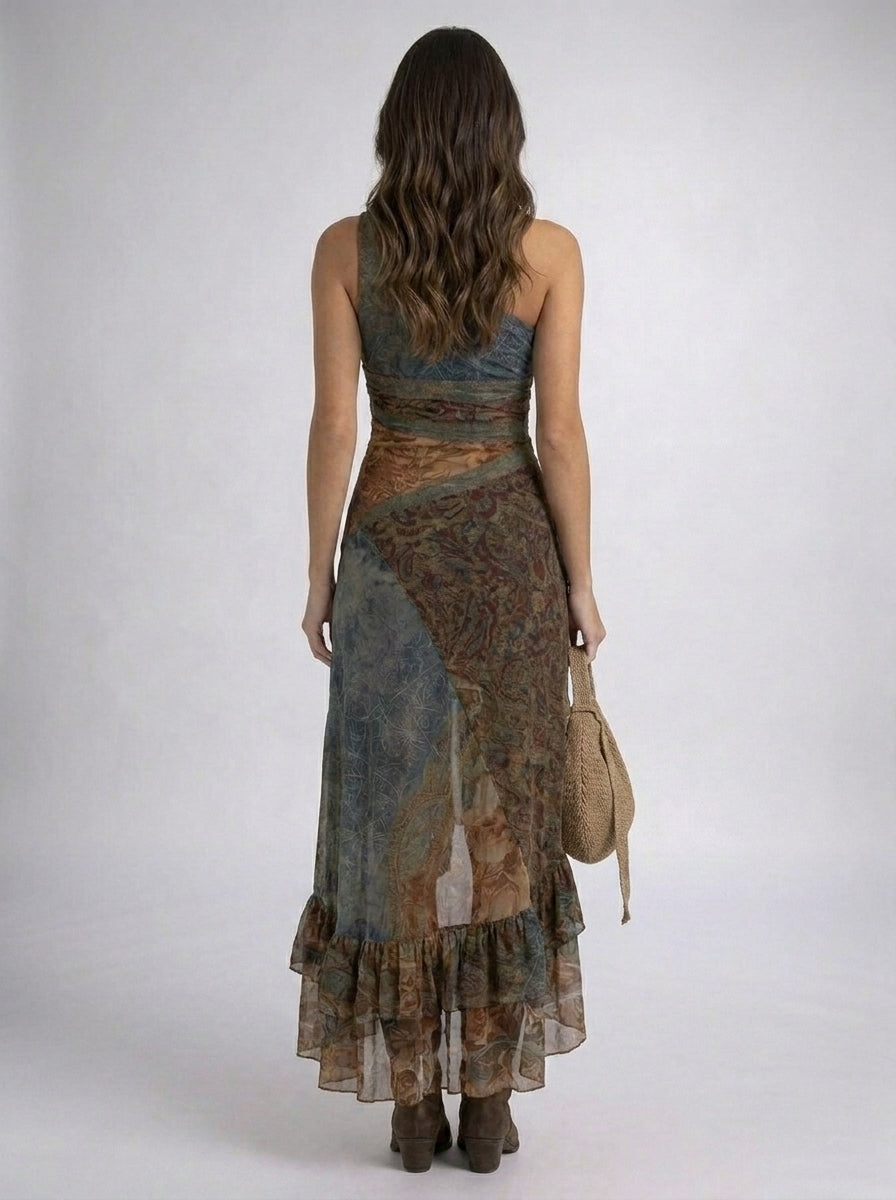 Marta | Vestido largo asimétrico con estampado étnico y abertura lateral
